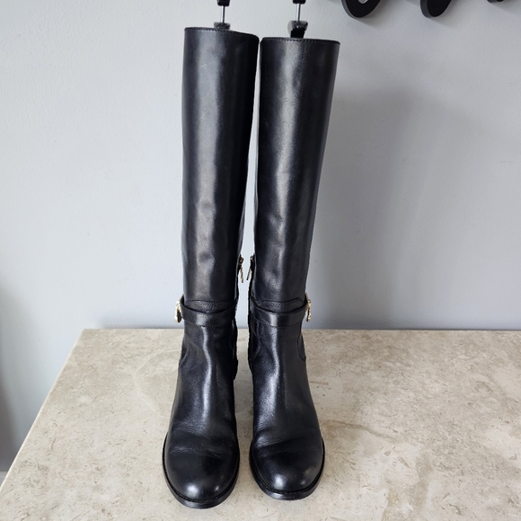 Michael Kors Hamilton Riding Boots Women’s Size 7.5 Black Leather Knee High Gold - Picture 3 of 12